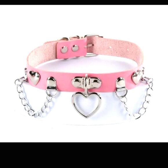 Pink Silver Heart Shaped Choker Necklace, PINK Silver Heart Pendant Choker - Picture 3 of 12